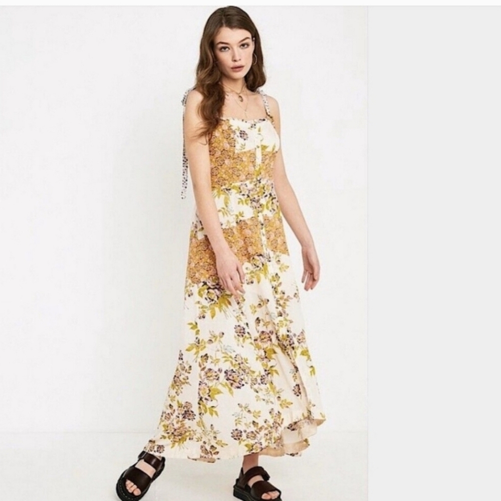 Free People Lover Boy purple/yellow smocked back tie straps button Maxi Dress 10